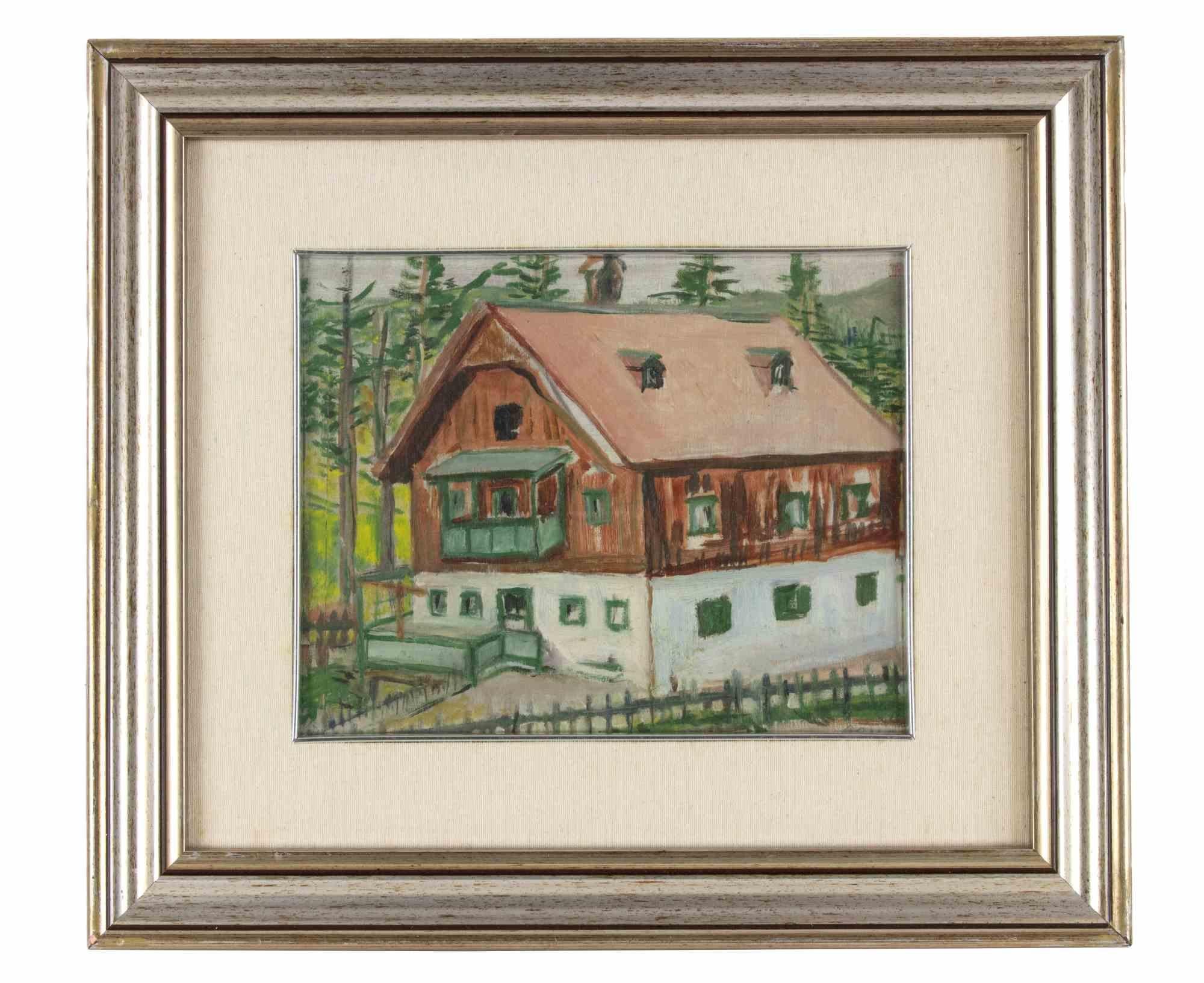Unknown Figurative Art - Mountain House - Drawing in Tempera - Mid-20th Century