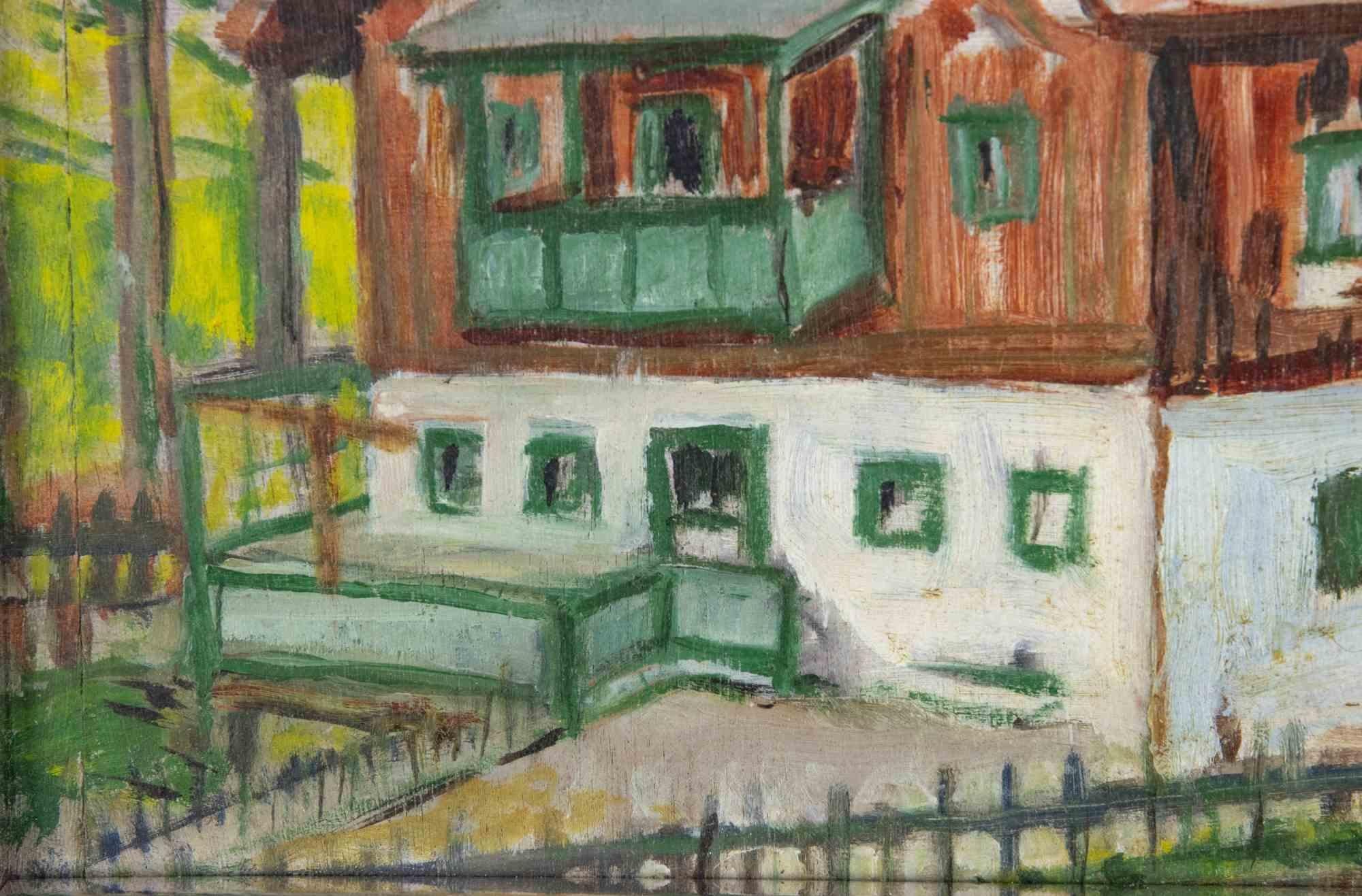 Mountain House - Zeichnung in Tempera - Mitte des 20. Jahrhunderts (Moderne), Art, von Unknown