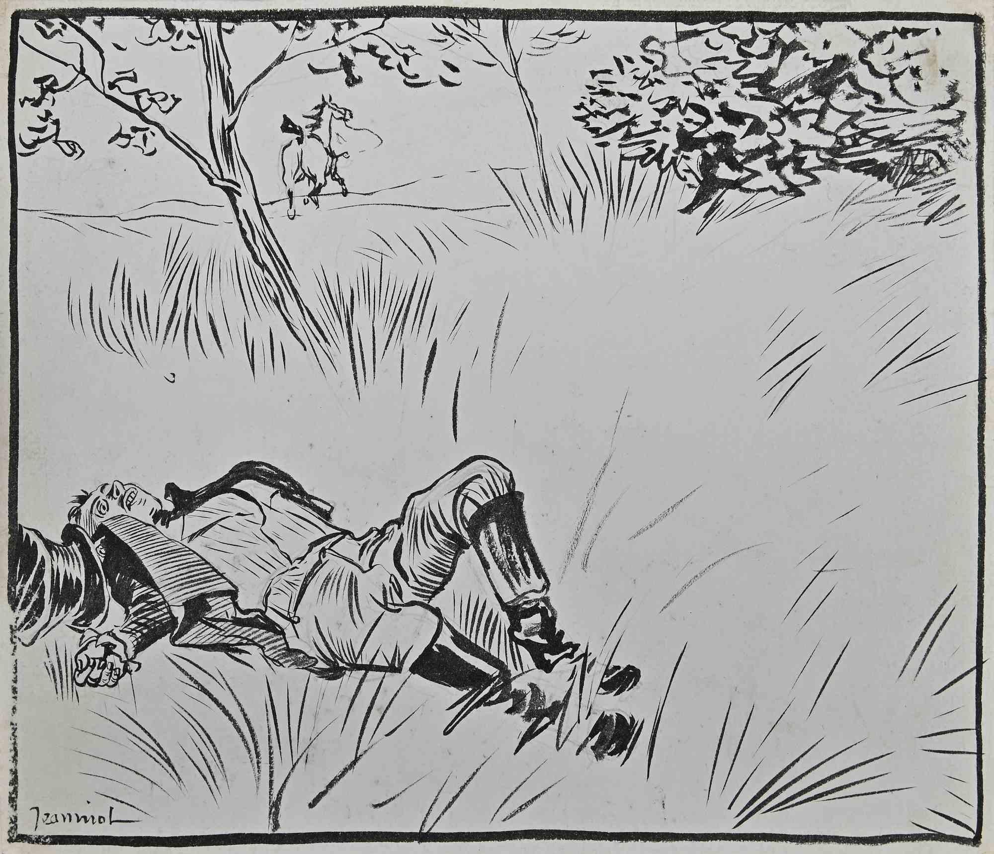 Der Fall ist eine Tuschezeichnung auf Papier des Malers Pierre Georges Jeanniot (1848-1934).

Handsigniert auf der Unterseite.

Gute Bedingungen.

Das Kunstwerk wird durch geschickte und schnelle Striche von Meisterhand dargestellt. Pierre-Georges