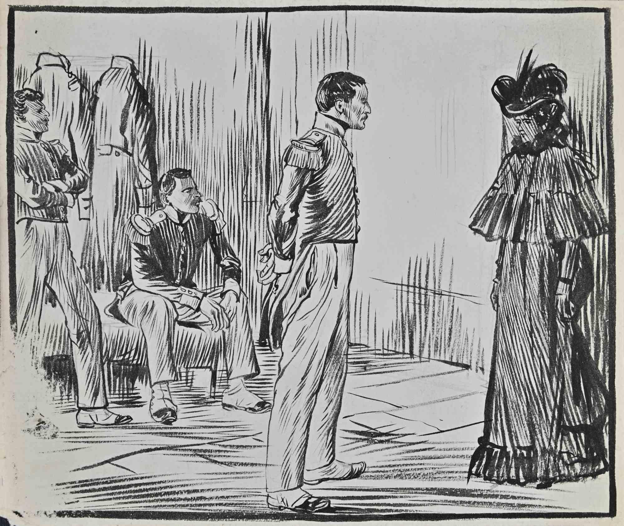 Reunión es un dibujo a tinta china sobre papel realizado por el pintor Pierre Georges Jeanniot (1848-1934).

Buenas condiciones, excepto por el papel consumido en la parte inferior izquierda.

La obra de arte se representa mediante trazos hábiles y