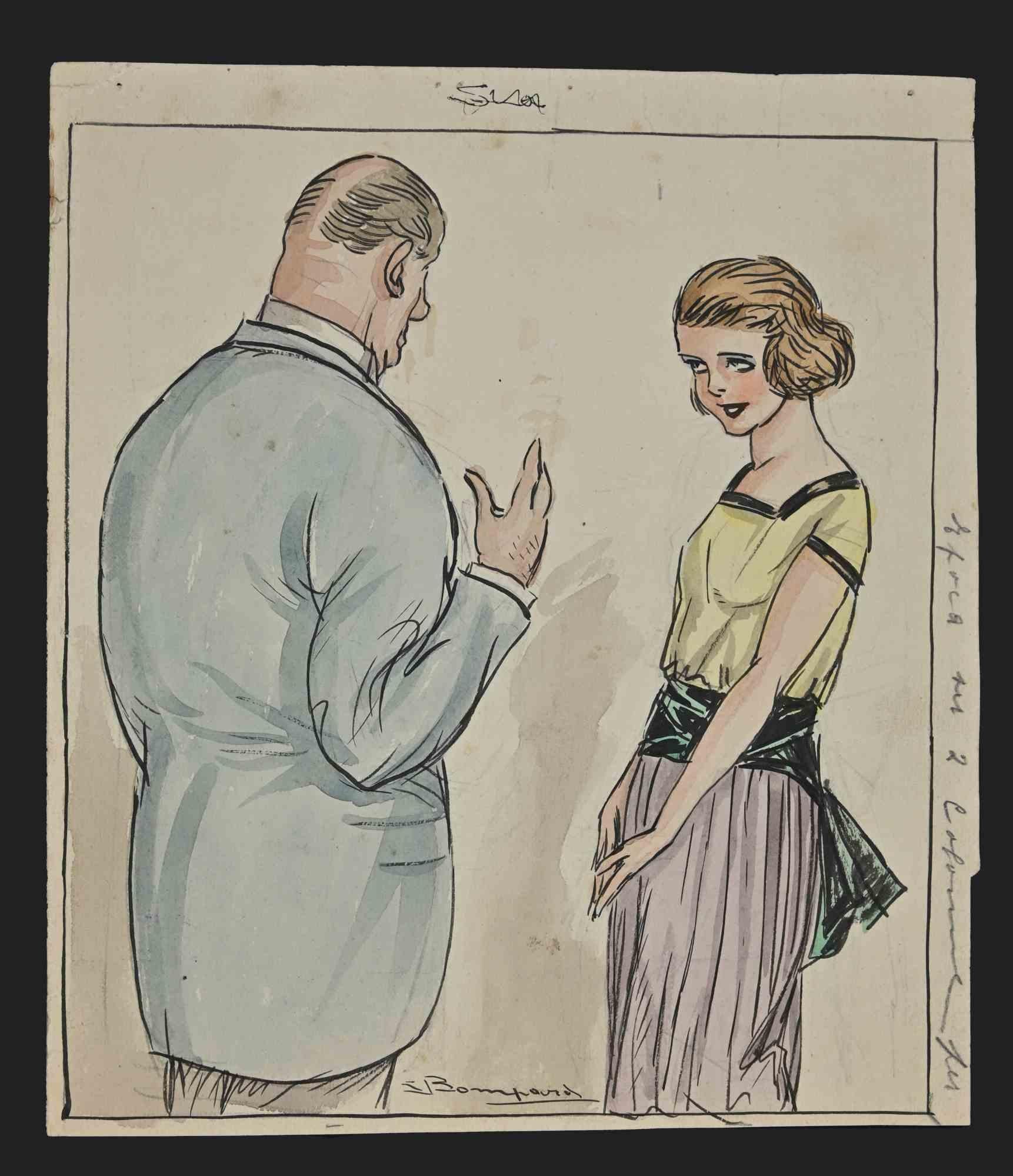 Family Suggestions - Watercolor and Ink by Luigi Bompard - 1920s