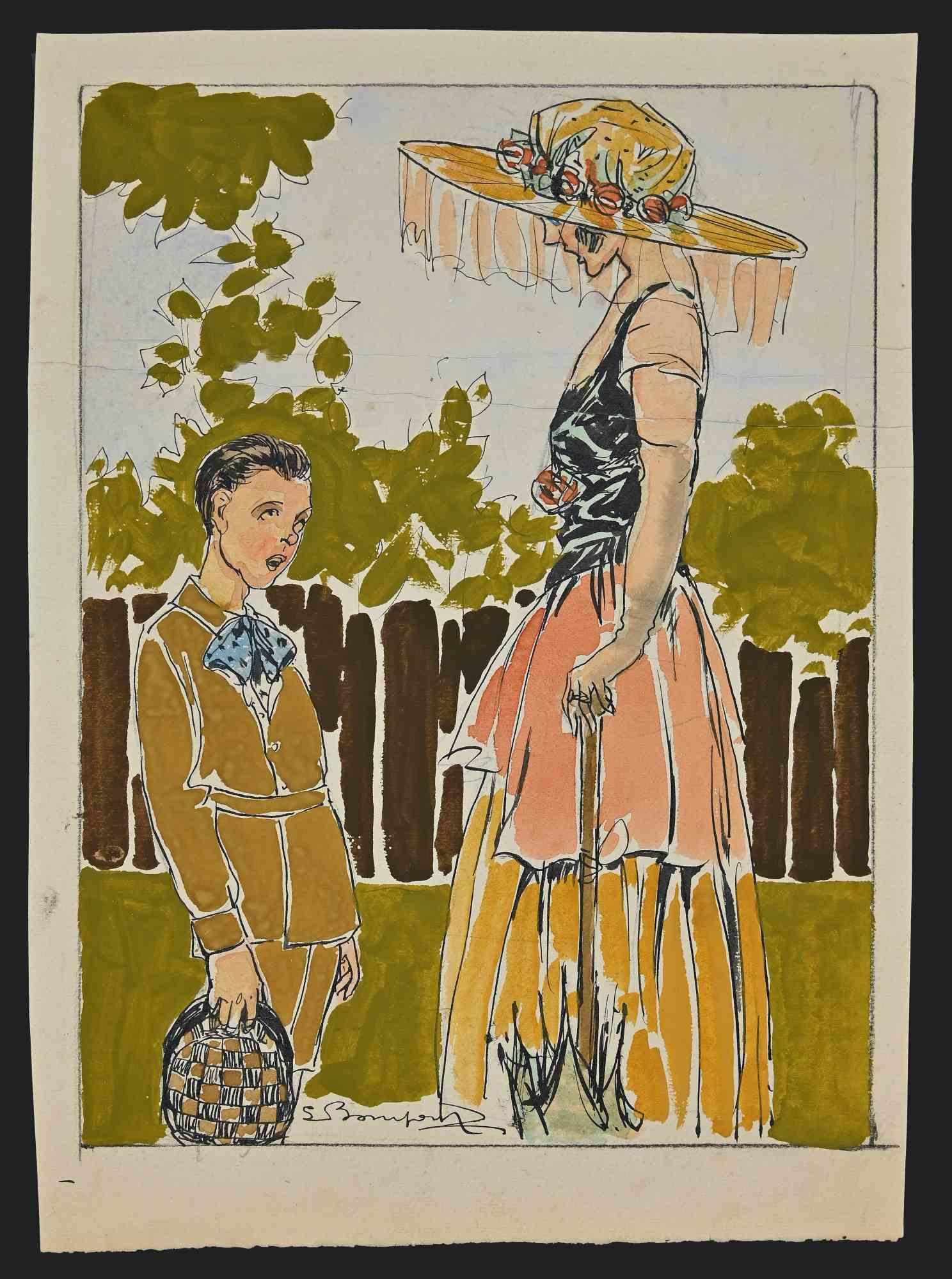 Mutter und Kind – Aquarell und Tinte von Luigi Bompard – 1920er Jahre