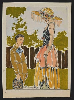 Mère et enfant - Aquarelle et encre de Luigi Bompard - Années 1920