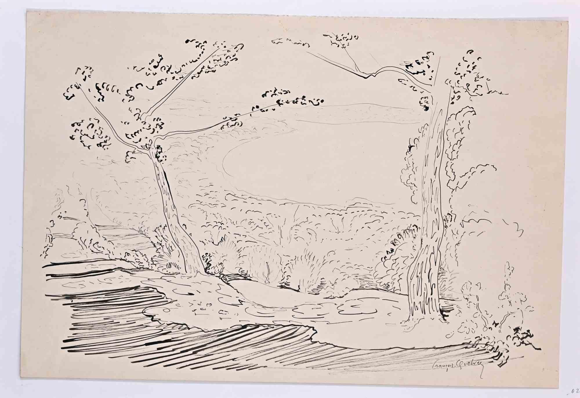 Landscape - Drawing by François Quelvée - Mid-20th Century For Sale 1