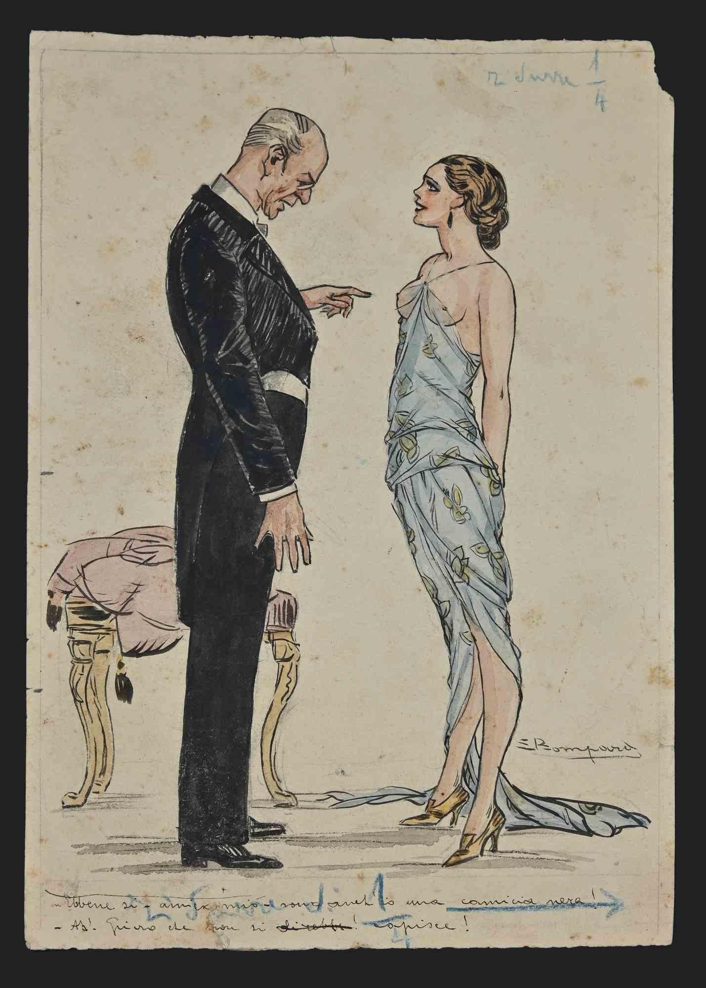 Figurative Art di Luigi  Bompard - Madre e figlio - Disegno a inchiostro e acquerello di Luigi Bompard - Anni '20