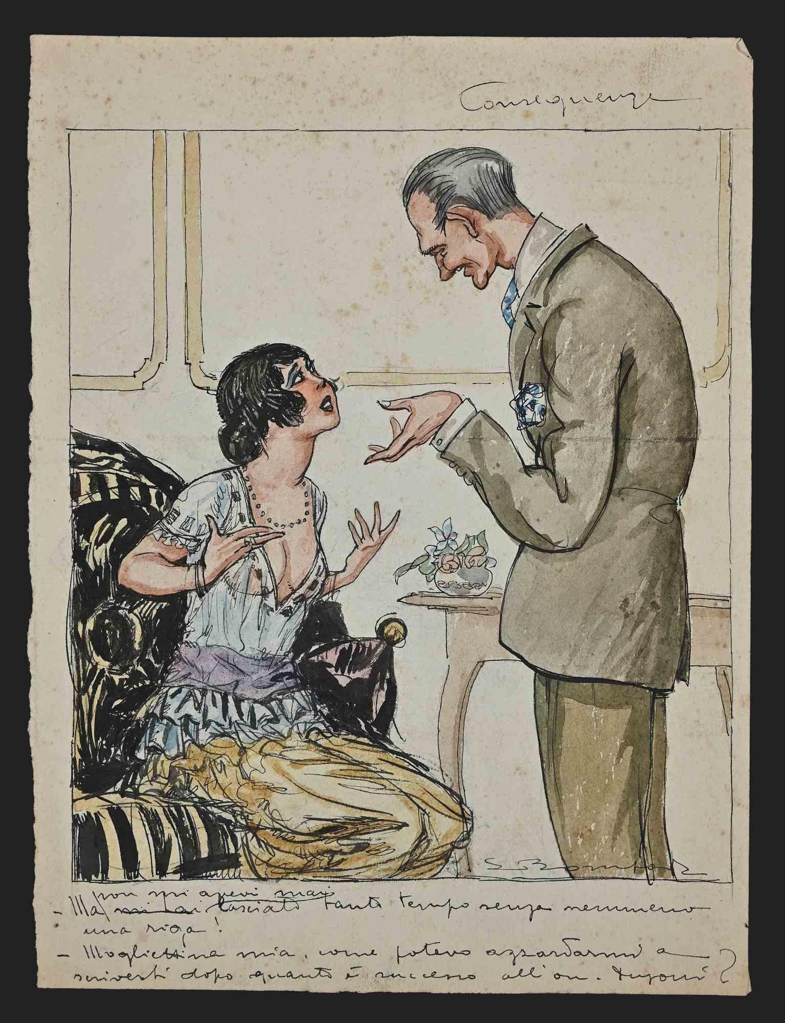 Figurative Art di Luigi  Bompard - Conseguenze - Disegno a inchiostro e acquerello di Luigi Bompard - anni '20