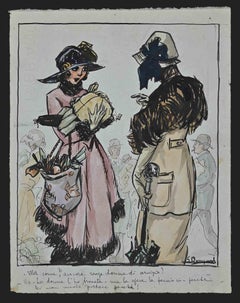 Antique Service Staff - Ink and Watercolor Drawing by Luigi Bompard - 1920s