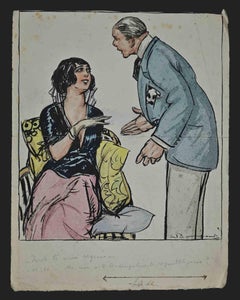 Antique Gallant Proposals - Ink and Watercolor Drawing by Luigi Bompard - 1920s
