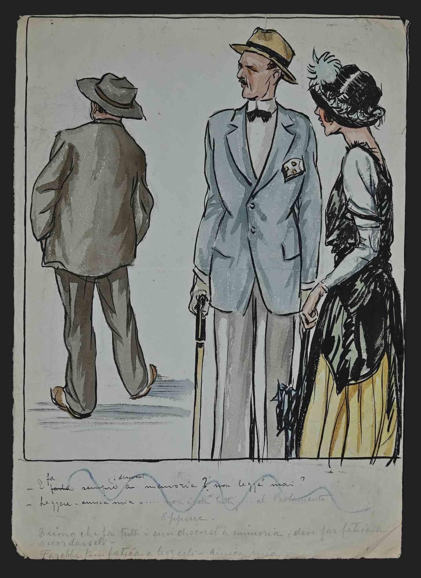 Luigi  Bompard Figurative Art - The Elite - Ink and Watercolor Drawing by Luigi Bompard - 1920s