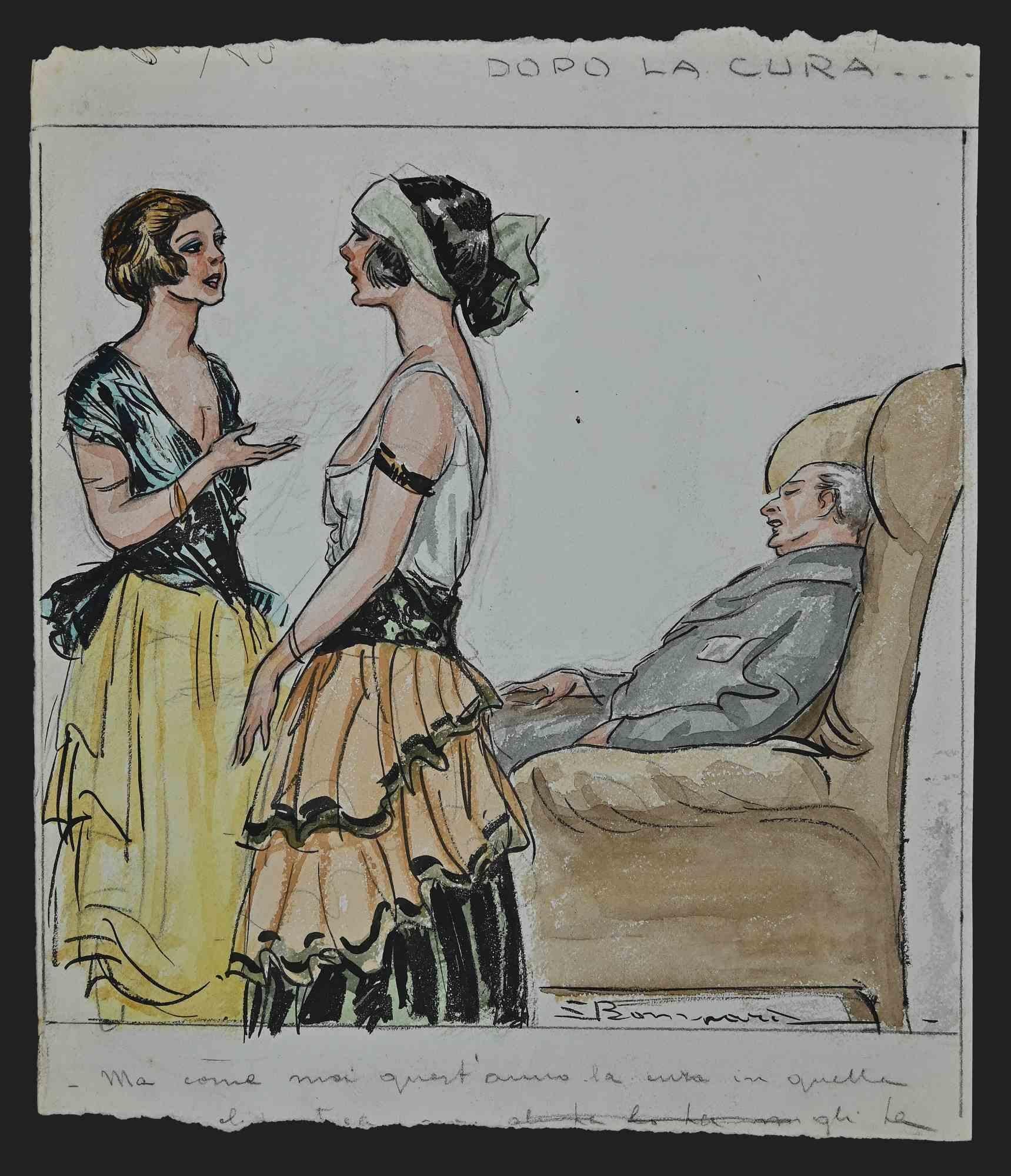 After the Cure - Ink and Watercolor Drawing by Luigi Bompard - 1920s