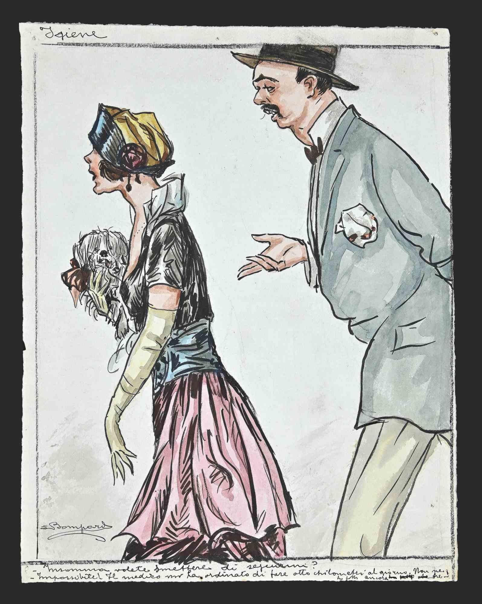 Luigi  Bompard Figurative Art - The Stalker - Watercolor Drawing by Luigi Bompard - 1920s