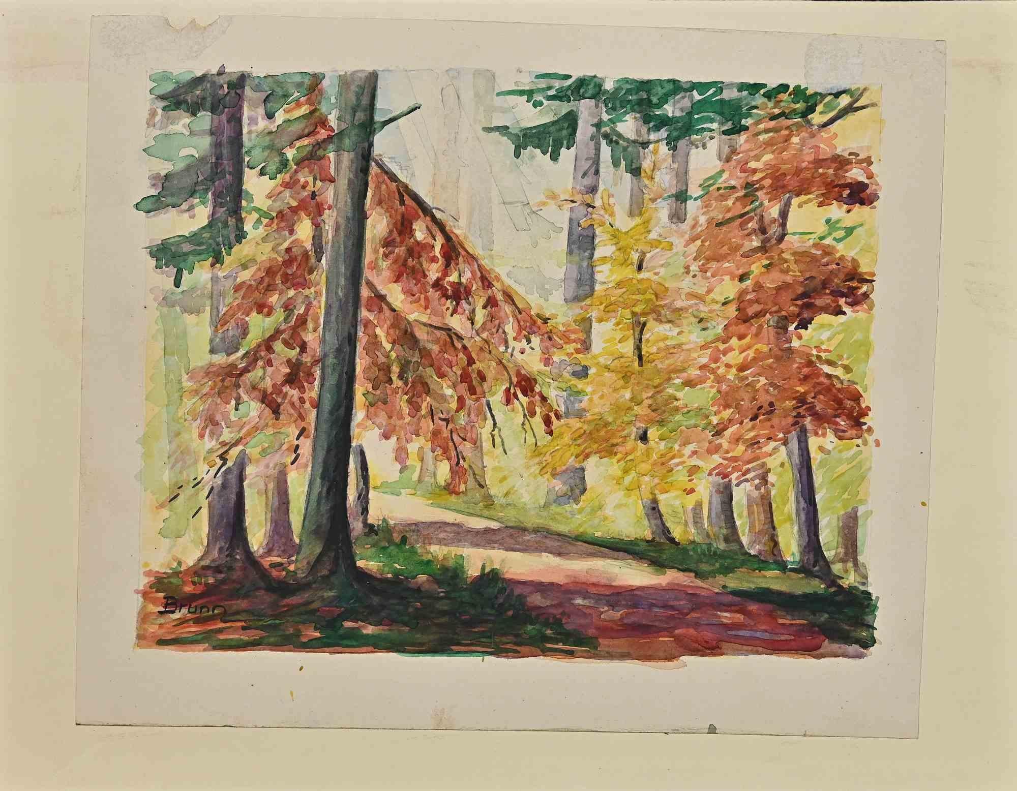 Landscape Art Micheline Frouin - Paysage d'automne - Dessin - Milieu du 20e siècle