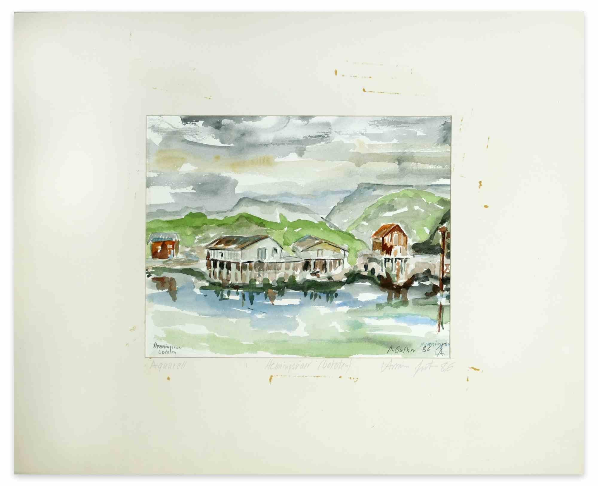 View of Henningsvaer Lofoten - Watercolor by Armin Guther - 1986