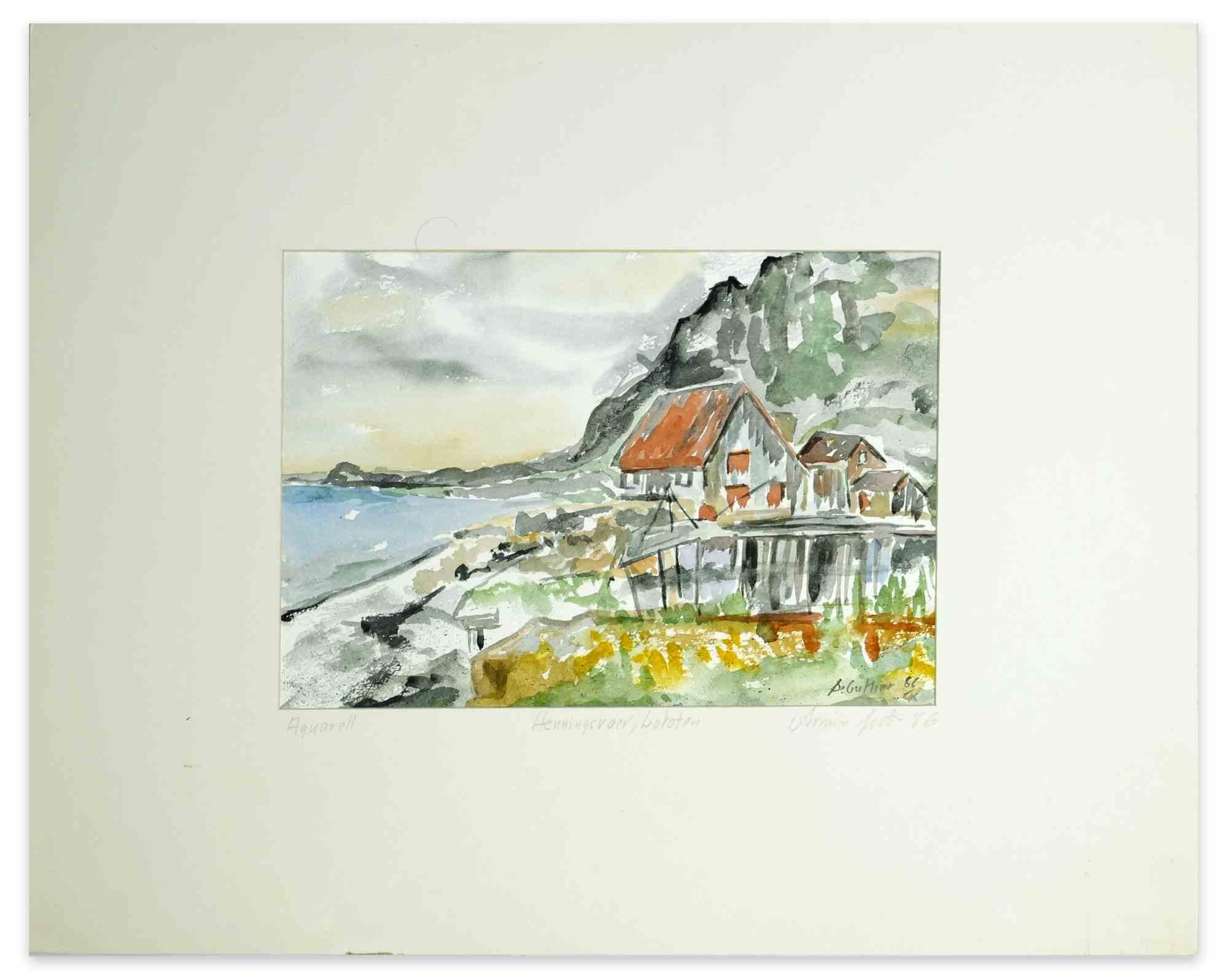 View of Henningsvaer Lofoten - Watercolor by Armin Guther - 1986