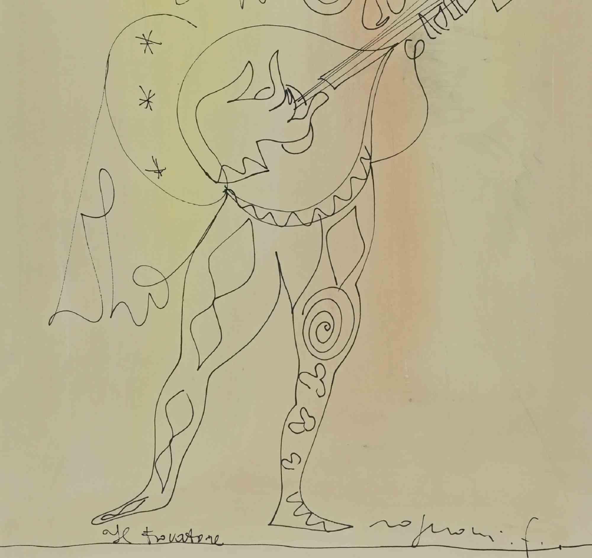 Troubadour  - Drawing by Franco Rognoni - 1970s For Sale 1