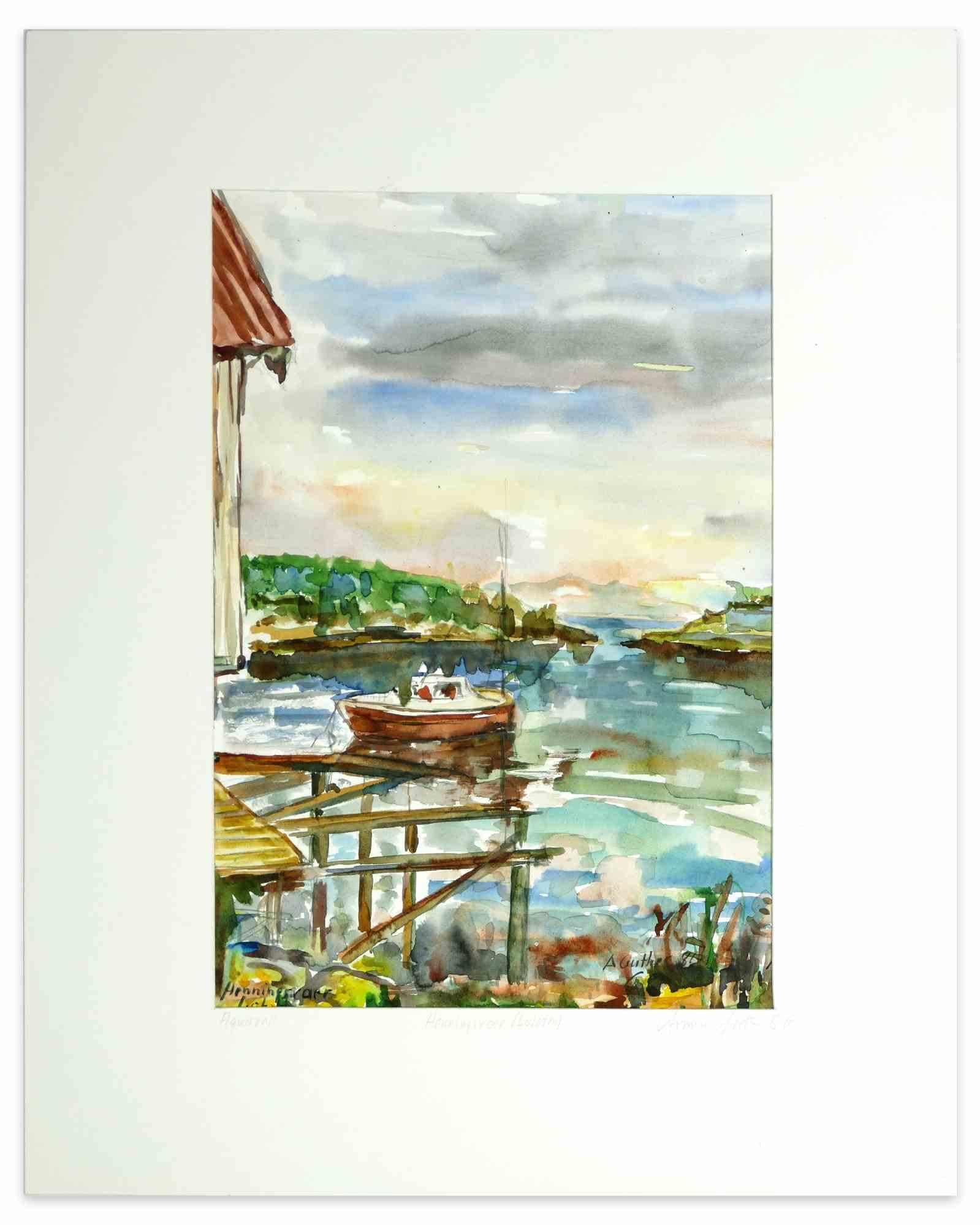 Vue de Henningsvaer Lofoten - Aquarelle d'Armin Guther - 1986