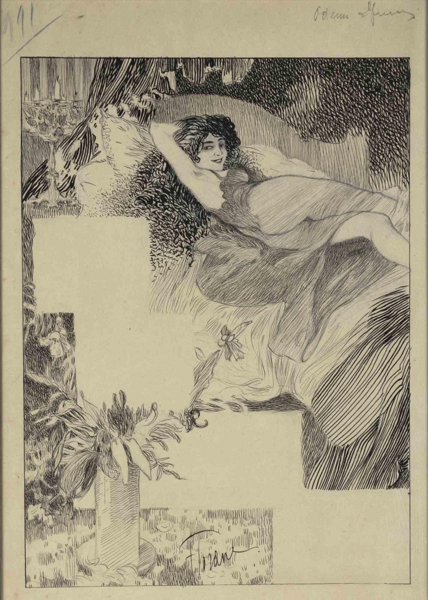 Woman ist ein modernes Kunstwerk des französischen Künstlers Florane (1871-1939) aus dem frühen 20. Jahrhundert.

Feder und Bleistiftzeichnung auf Papier.

Signatur des Künstlers am unteren Rand.

Inklusive Rahmen: 45 x 30 cm

Guter Zustand bis auf