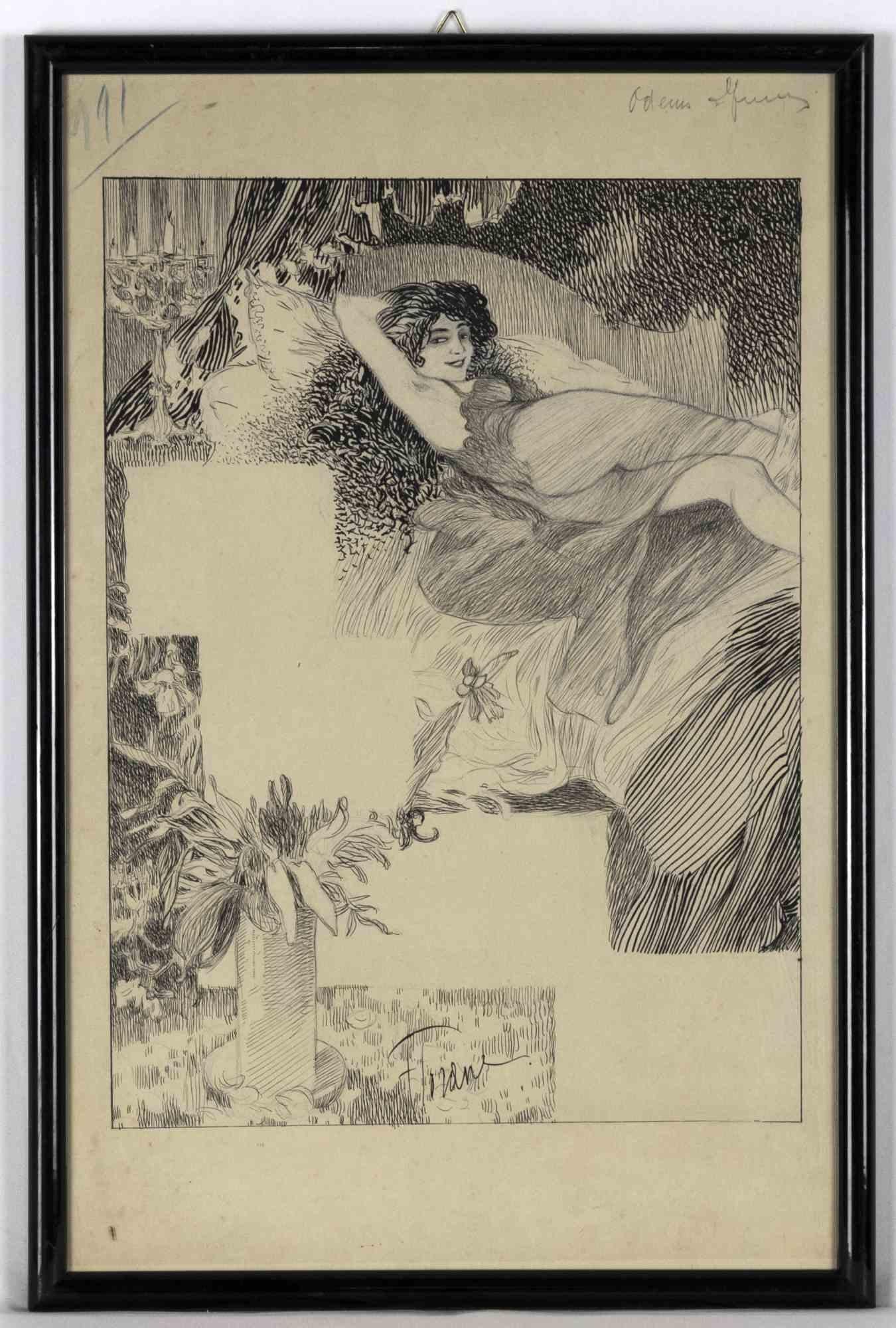 Woman - Pencil and Pen Drawing by Florane- Early 20th Century For Sale 3