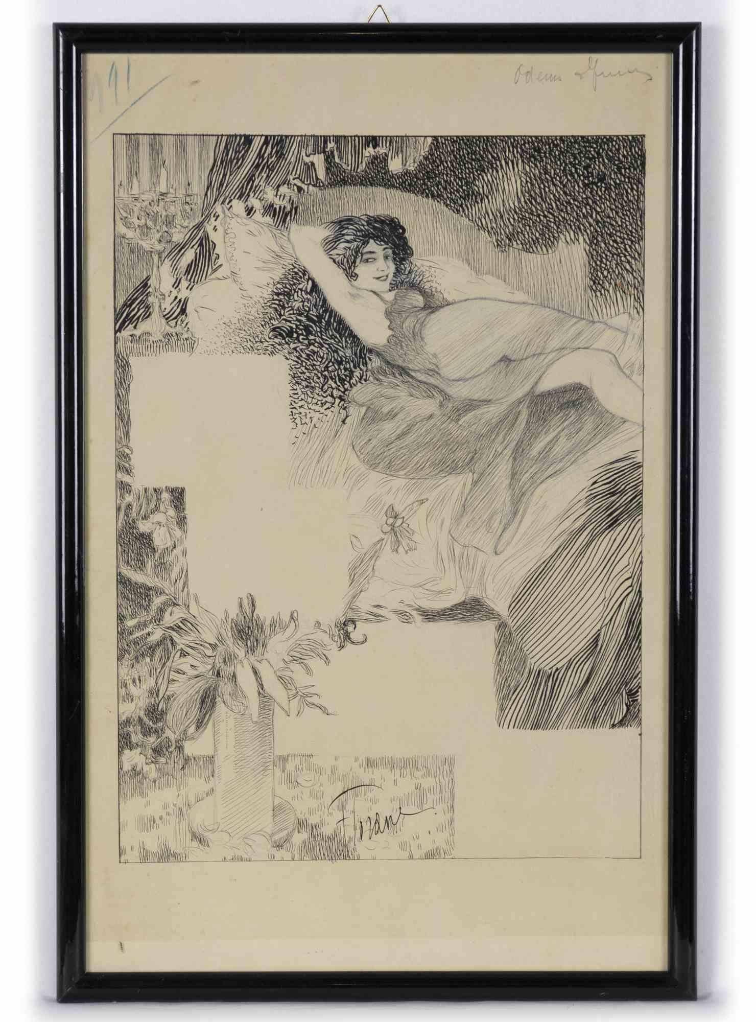 Woman - Pencil and Pen Drawing by Florane- Early 20th Century For Sale 2