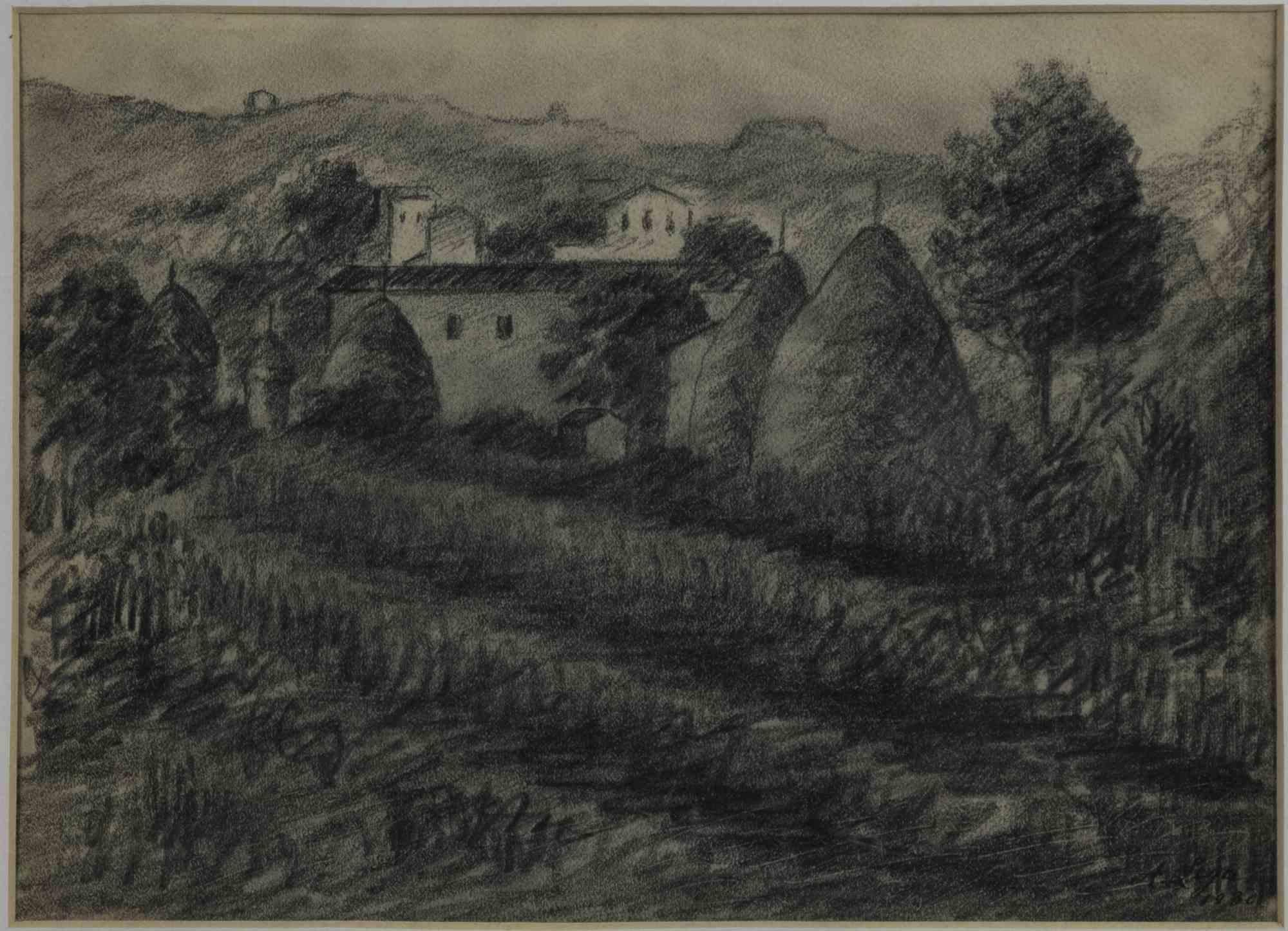 Unknown Figurative Art - Landscape - Charcoal Drawing by Achille Lega - 1928