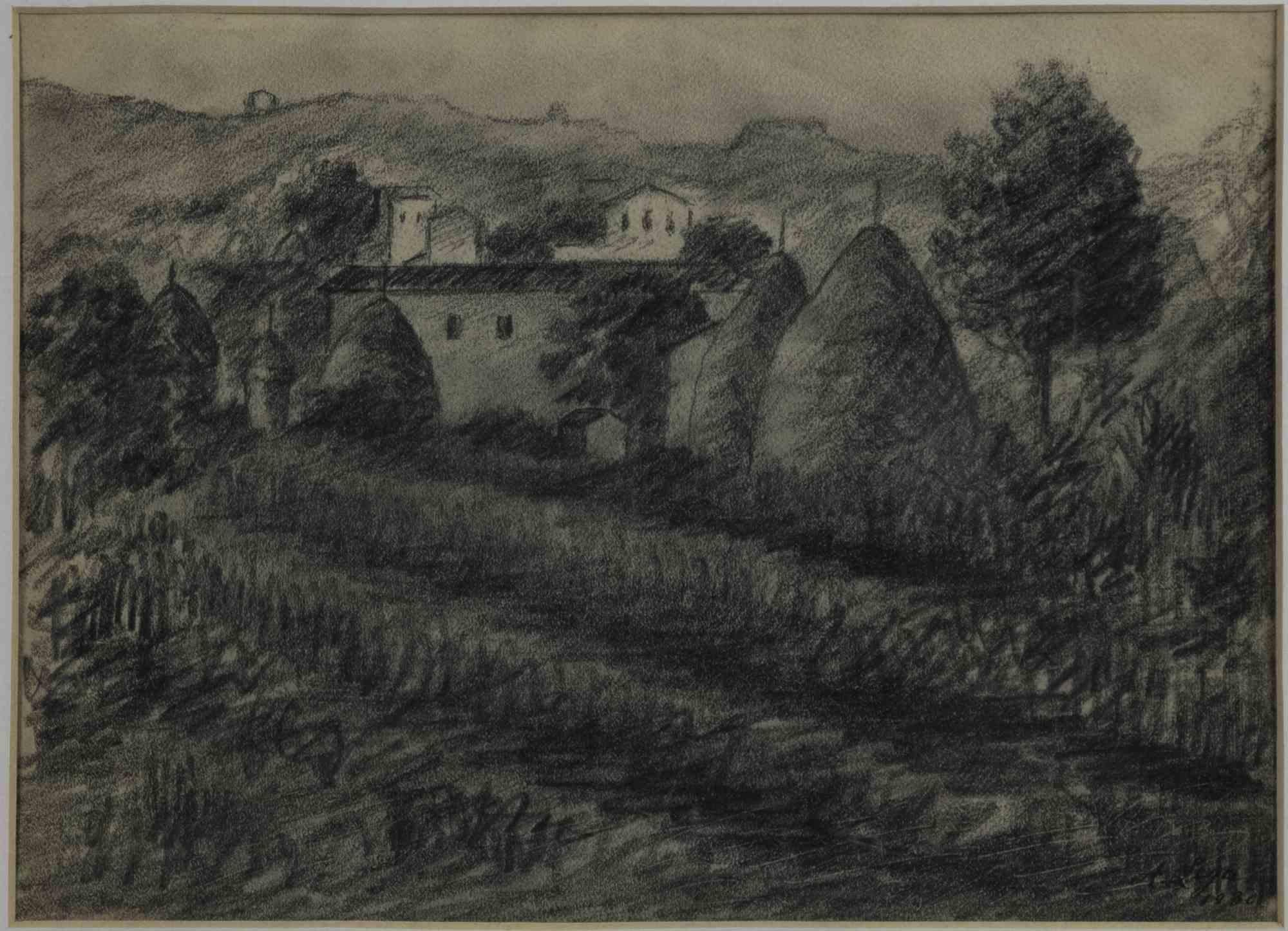 Unknown Figurative Art – Landschaftslandschaft – Kohlezeichnung von Achille Lega – 1928