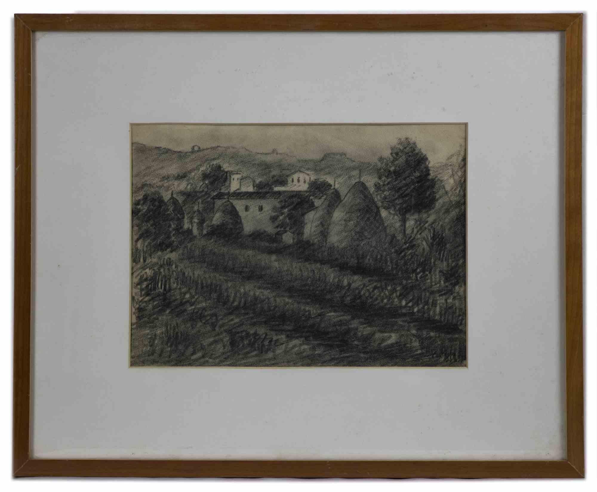 Paysage - Dessin au fusain d'Achille Lega - 1928 - Art de Unknown