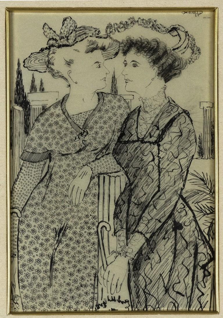 Girls ist ein Original-Kunstwerk von Erhard Klepper aus dem frühen 20. Jahrhundert.

Original Schwarz-Weiß-Porzellan-Tuschezeichnung.

Das Kunstwerk stellt ein junges Frauenpaar dar.

Inklusive vergoldetem Rahmen 48x 2 x 39 cm.
