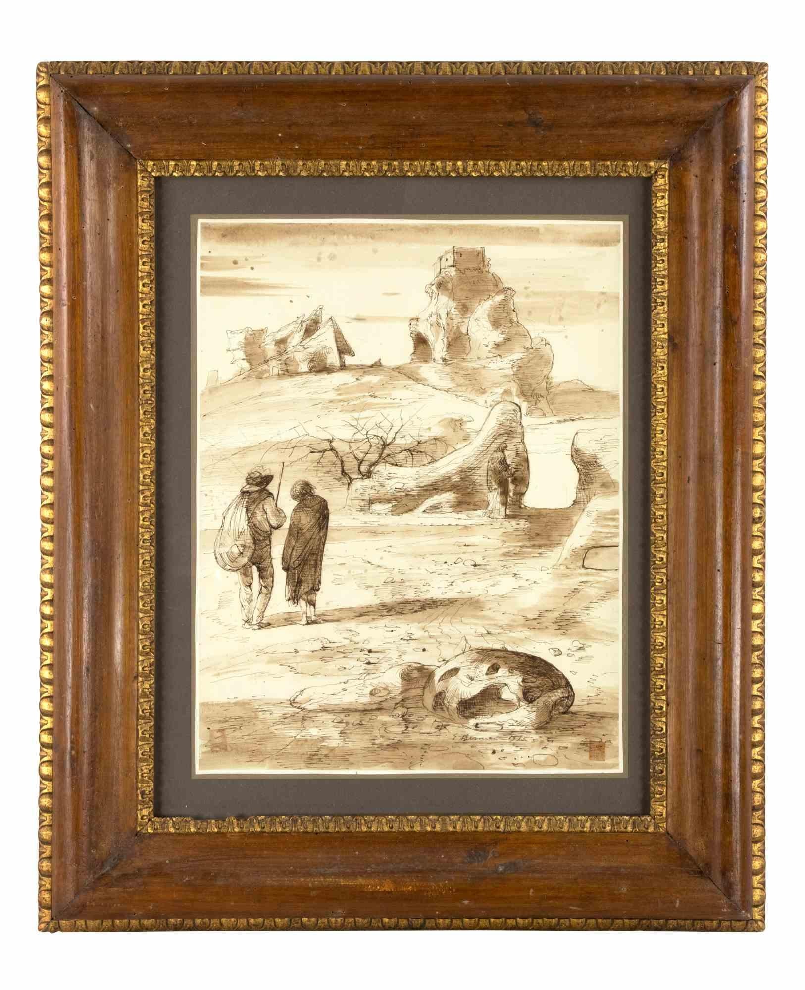 Eugene Berman Figurative Art - Landscape with Figures -  Drawing by E. Berman - Mid-20th Century