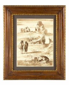 Landscape with Figures -  Drawing by E. Berman - Mid-20th Century