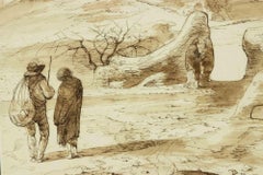 Landschaft mit Figuren –  Zeichnung von E. Berman – Mitte des 20. Jahrhunderts