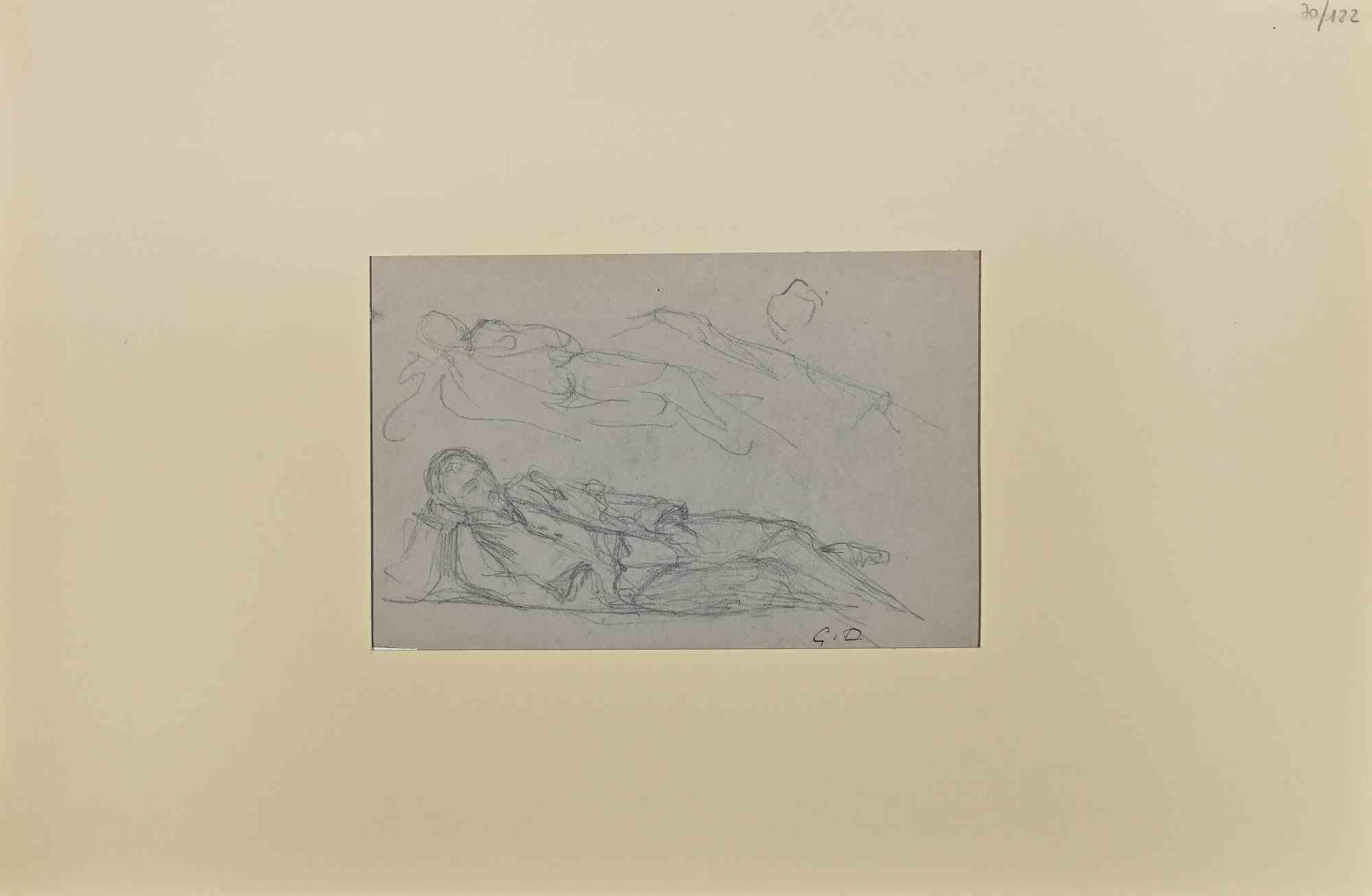 L'uomo che mente è un disegno a matita realizzato da Georges Desvallieres (1861-1950).

Buono stato su carta grigia, incluso un passpartout in cartoncino color crema (32,5x50 cm).

Monogrammato nell'angolo in basso a destra.

George Desvallières