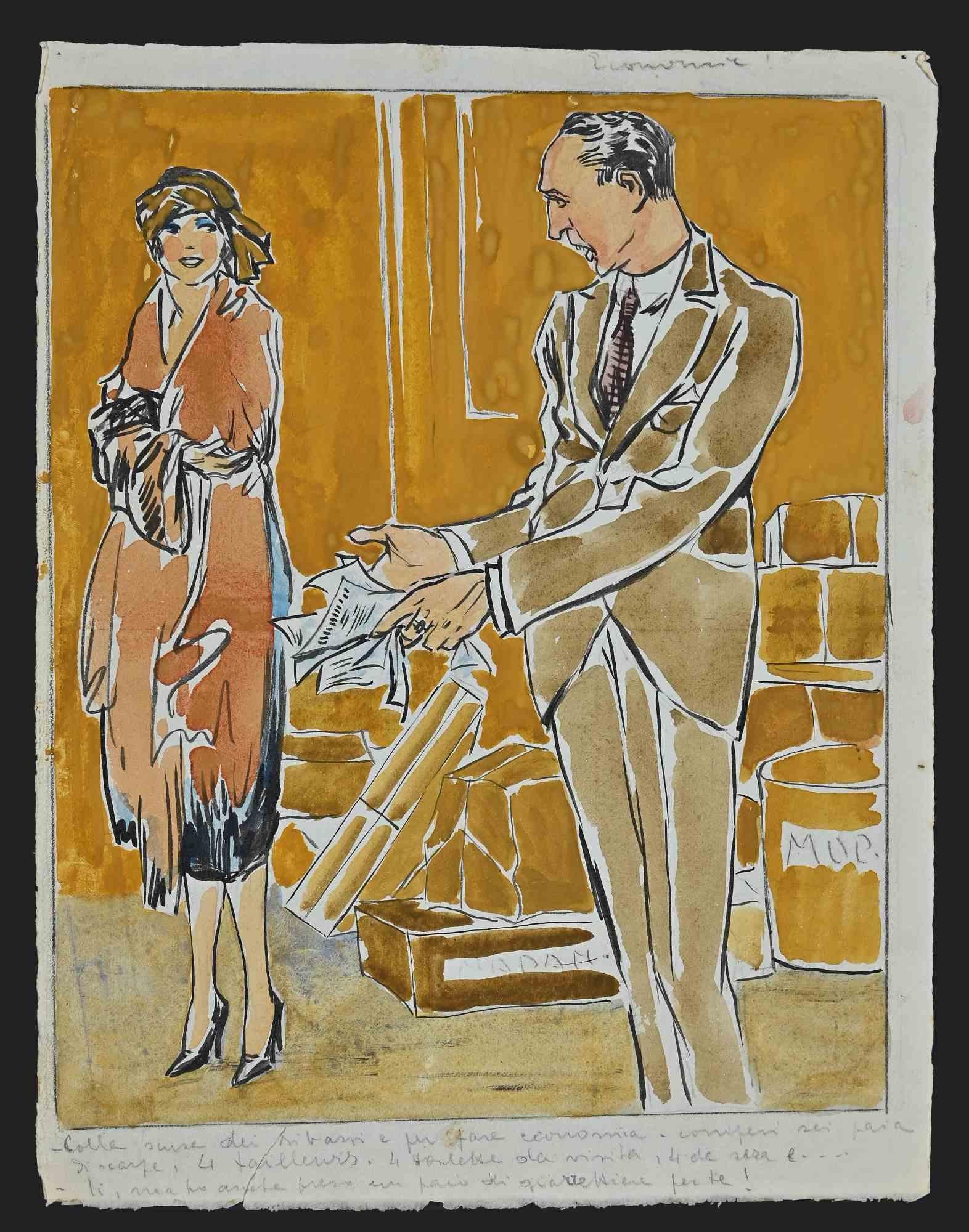 Luigi  Bompard Figurative Art - Lady and News - Drawing by Luigi Bompard - 1920s