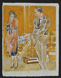 Lady and News - Drawing by Luigi Bompard - 1920s