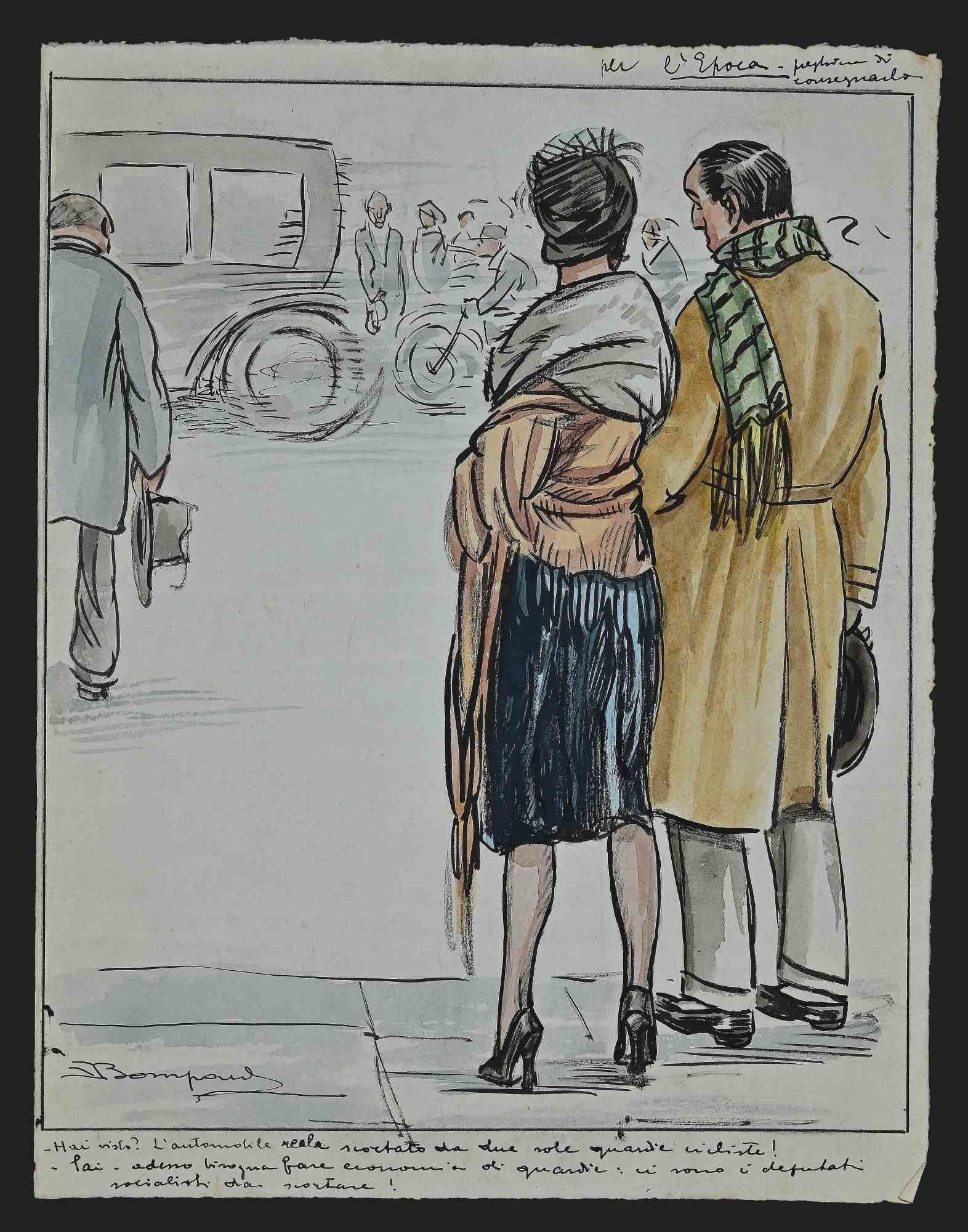 Luigi  Bompard Figurative Art - The Street - Drawing by Luigi Bompard - 1920s