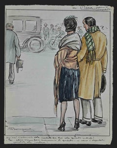 Antique The Street - Drawing by Luigi Bompard - 1920s