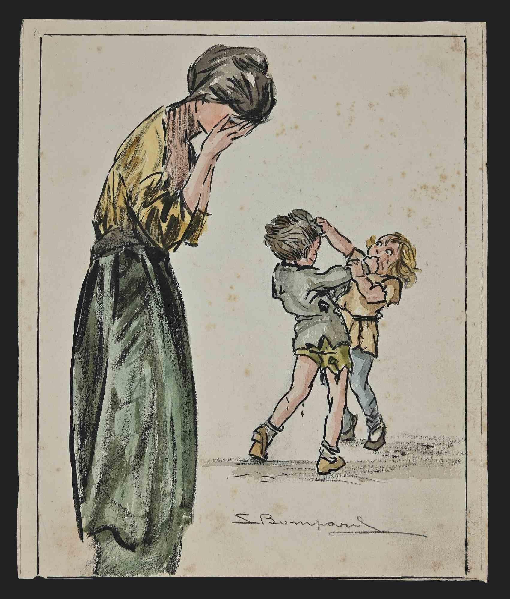Luigi  Bompard Figurative Art - Fighting Children and Mother Cry - Drawing by Luigi Bompard - 1920s
