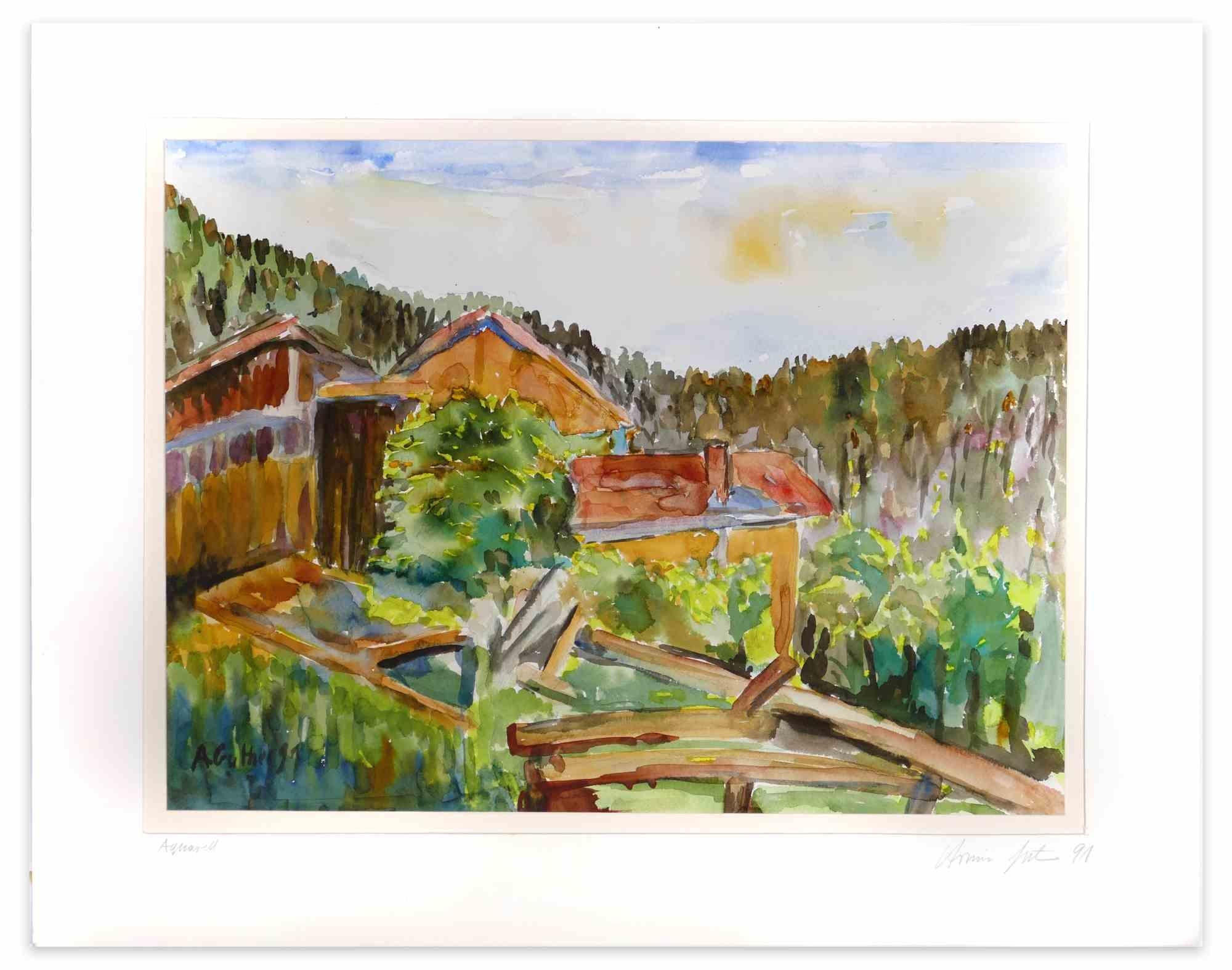 Landscape is an original drawing in watercolor realize by Armin Guther in 1991.

Hand signed.

Good conditions.

The artwork is represented through soft pencil strokes.

 