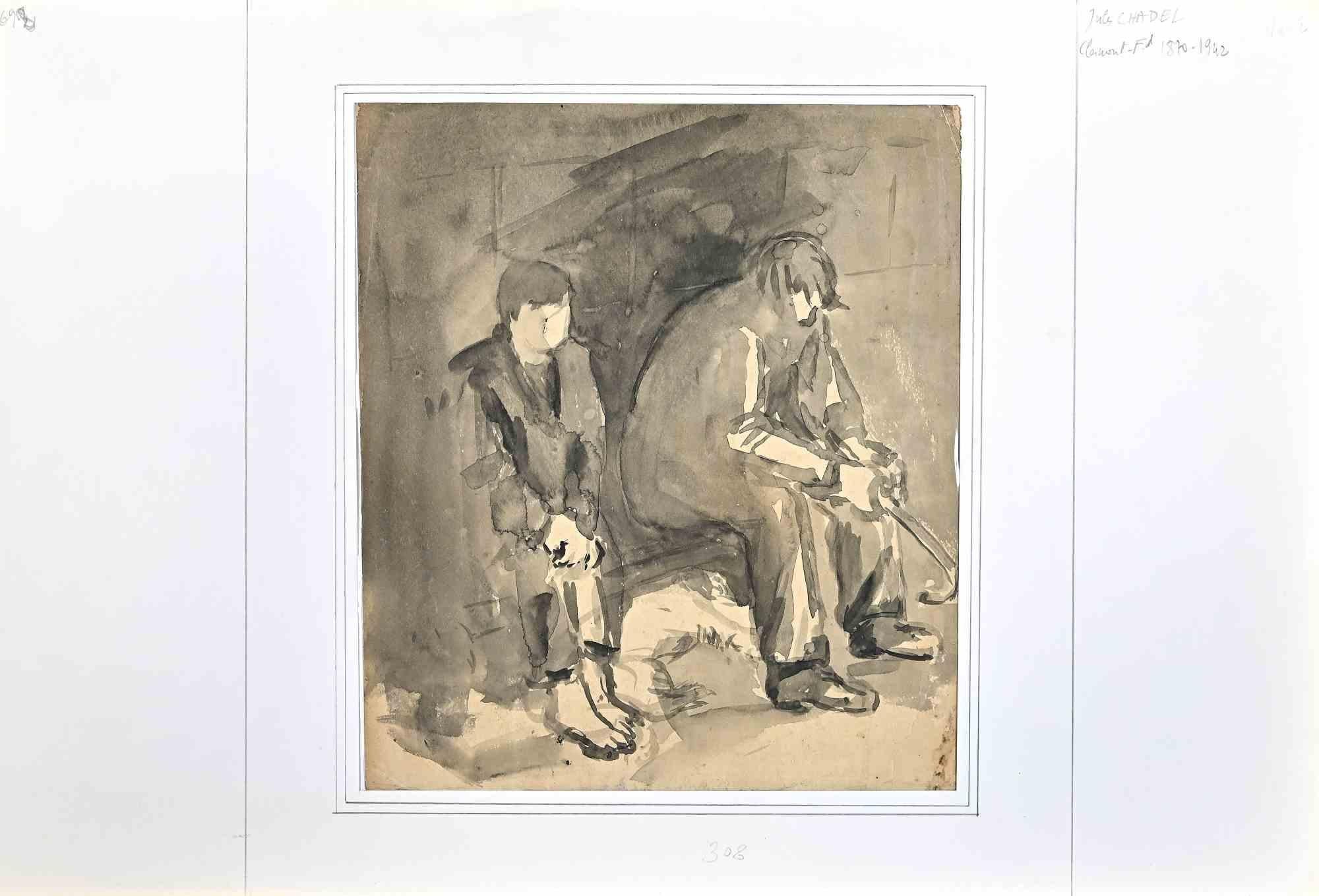 Figures is an original drawing in ink and watercolor realize by Jules Chadel in the Early 20th Century.

Good conditions.

The artwork is represented through soft pencil strokes.
