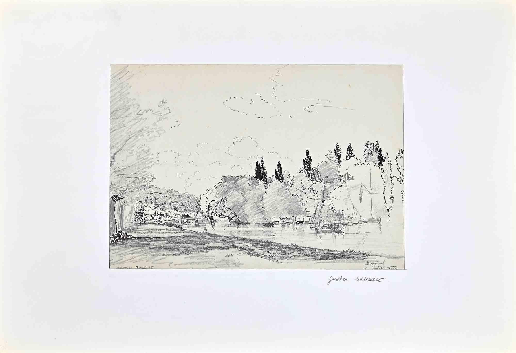 Gaston Bruelle Landscape Art - View of Bougival - Drawing by G. Bruelle- 1874
