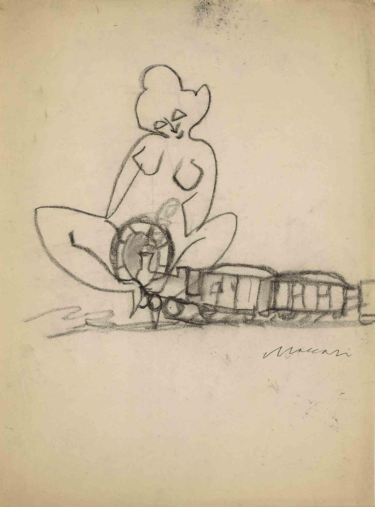 Nude On The Train is a charcoal Drawing on creamy colored paper realized in 1960 by Mino Maccari in the mid-20th century.

Hand-signed on the lower in pencil.

Good condition on yellowed paper with with some folding and foxing.

The artwork is