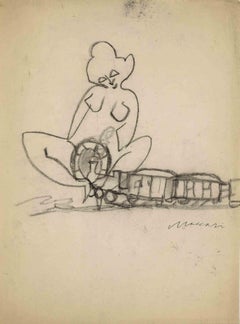 Nude On The Train - Drawing by Mino Maccari - 1960s