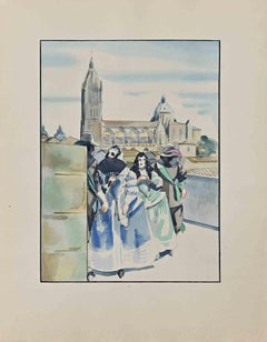 Antique La Promenade - Drawing by Hermann Paul - Early 20th Century