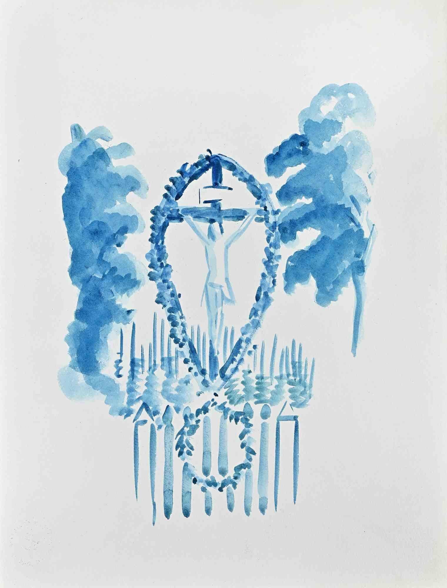 El Crucifijo - Dibujo a la acuarela de Hermann Paul - Principios del siglo XX