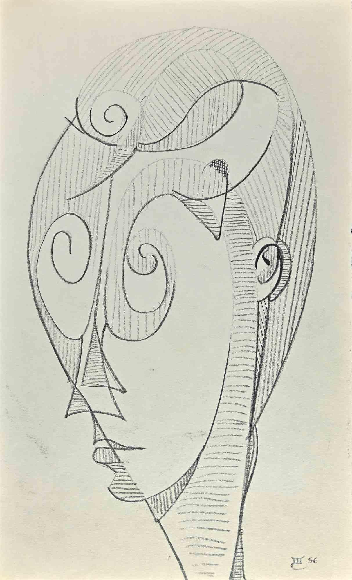 Abstrakte Komposition – Zeichnung von Michel Cadoret – 1956