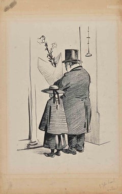 Antique The Visit - Drawing by Hermann Paul - Early 20th Century