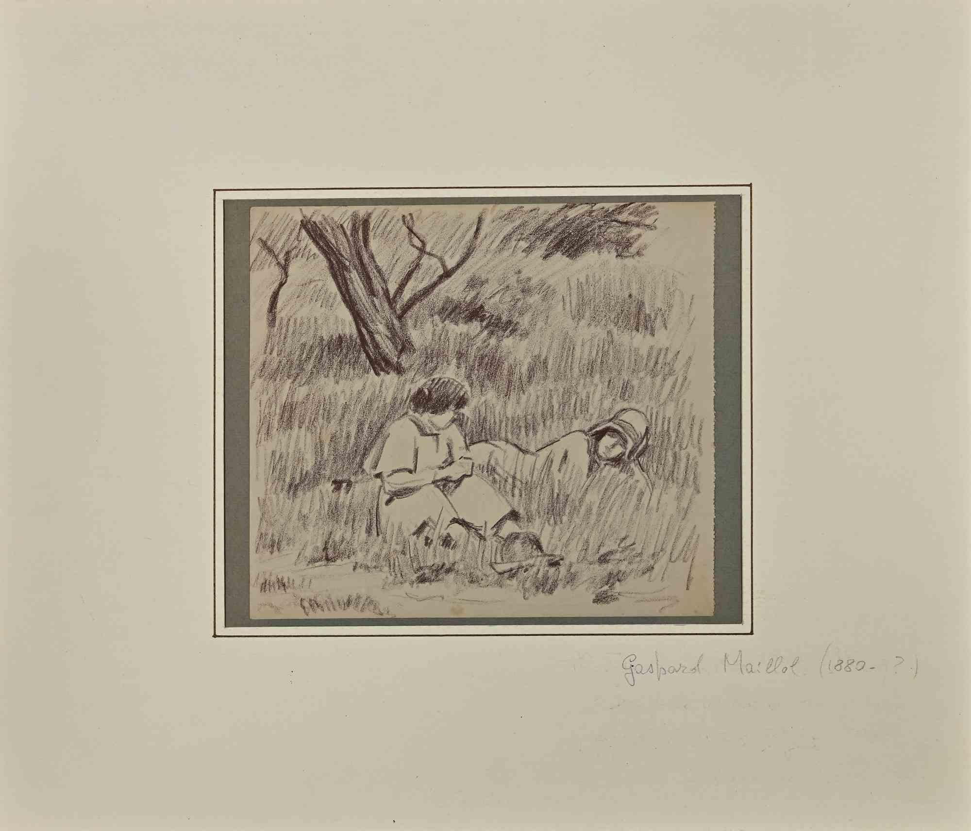 Der Ausflug ist eine Bleistiftzeichnung von Gaspard Maillol (1880-1946).

Guter Zustand auf vergilbtem Papier, mit einem cremefarbenen Passepartout aus Karton (35x41 cm).

Keine Unterschrift.

Gaspard Maillol, geboren am 10. Juli 1880 in Barcelona