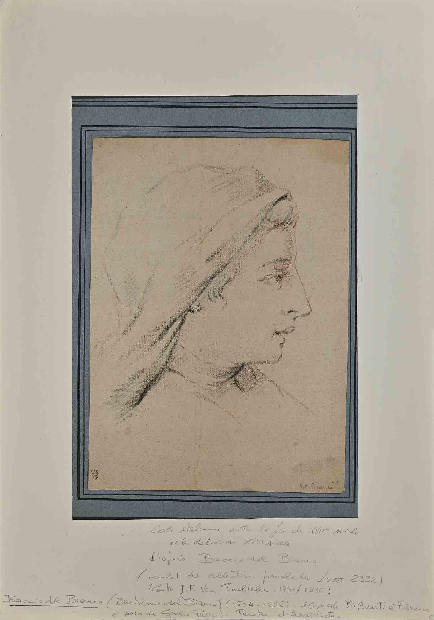 Das Porträt ist eine Bleistiftzeichnung eines italienischen Künstlers des 17. und frühen 18. Jahrhunderts, nach Baccio del Bianco (1604-1656).

Guter Zustand auf vergilbtem Papier mit einem blauen und cremefarbenen Passepartout aus Karton (50x35