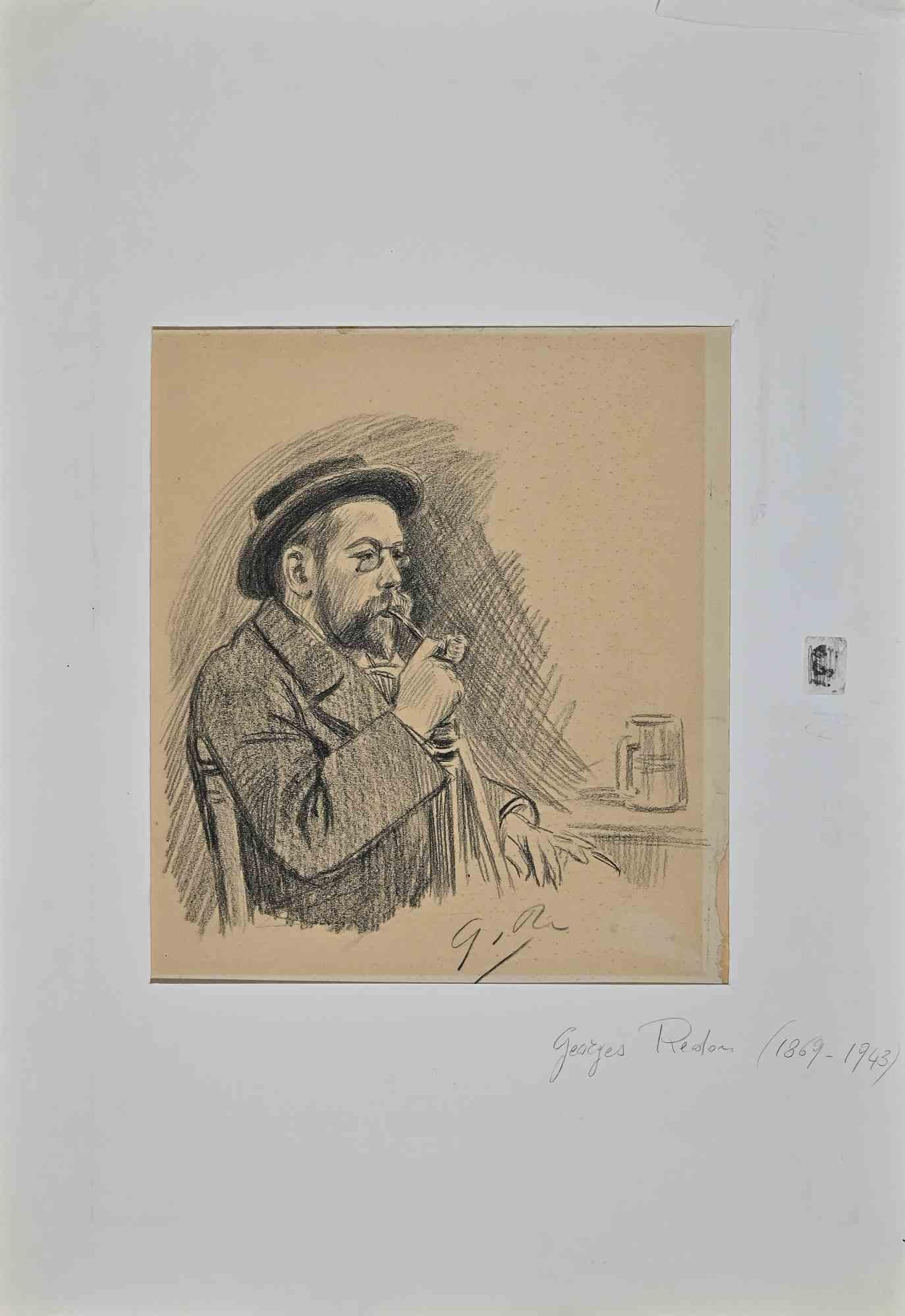 Georges Redon Portrait - Pipe Man - Drawing by G. Redon - 1895