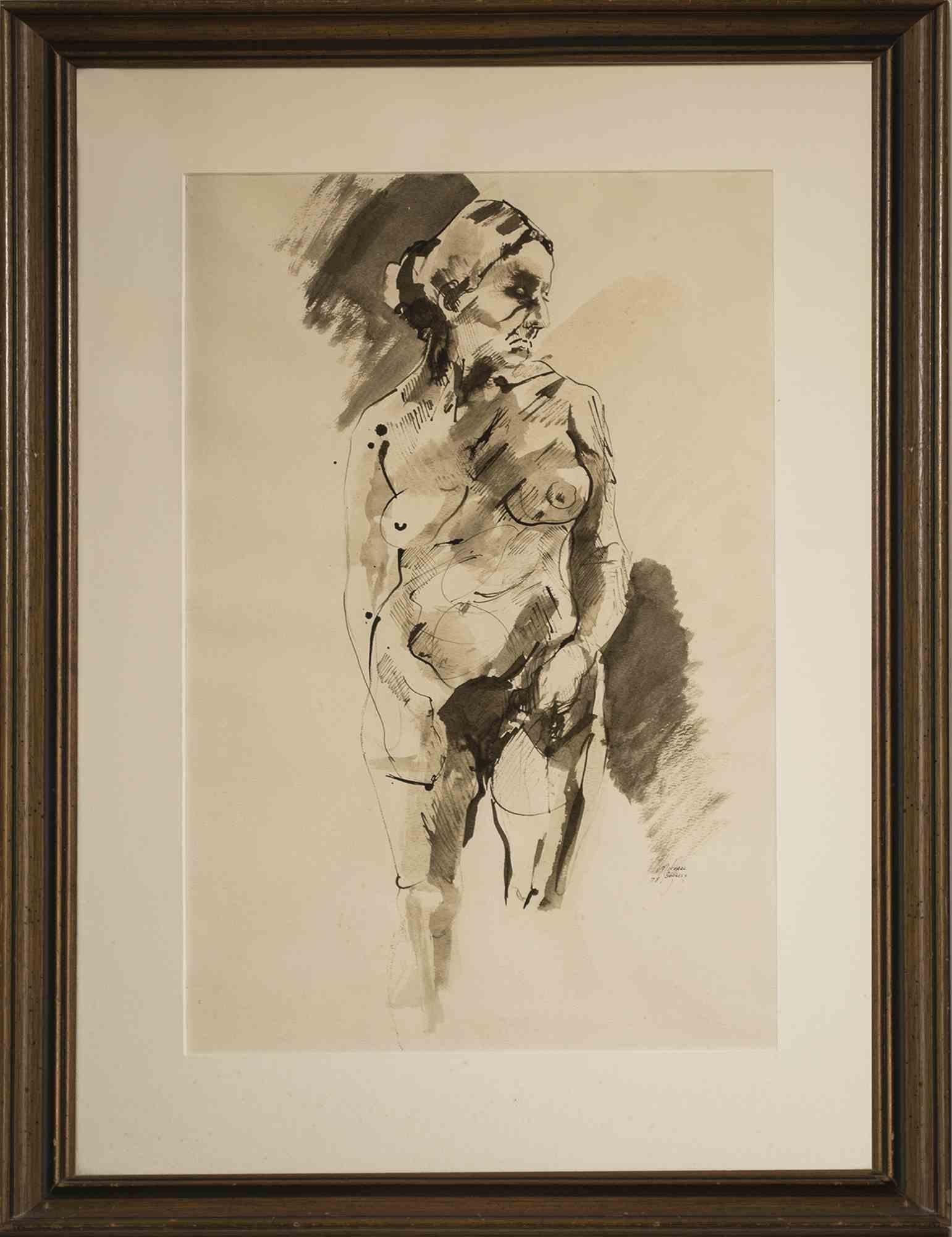 Life Drawing: Standing Female Nude, Pen & Ink, with Wash on Watercolor Paper. (Early work)

Life Drawing is as primordial as art itself.  Often it is more of an exercise as opposed to an intentional, finished work.  The use of Pen and Ink, with a