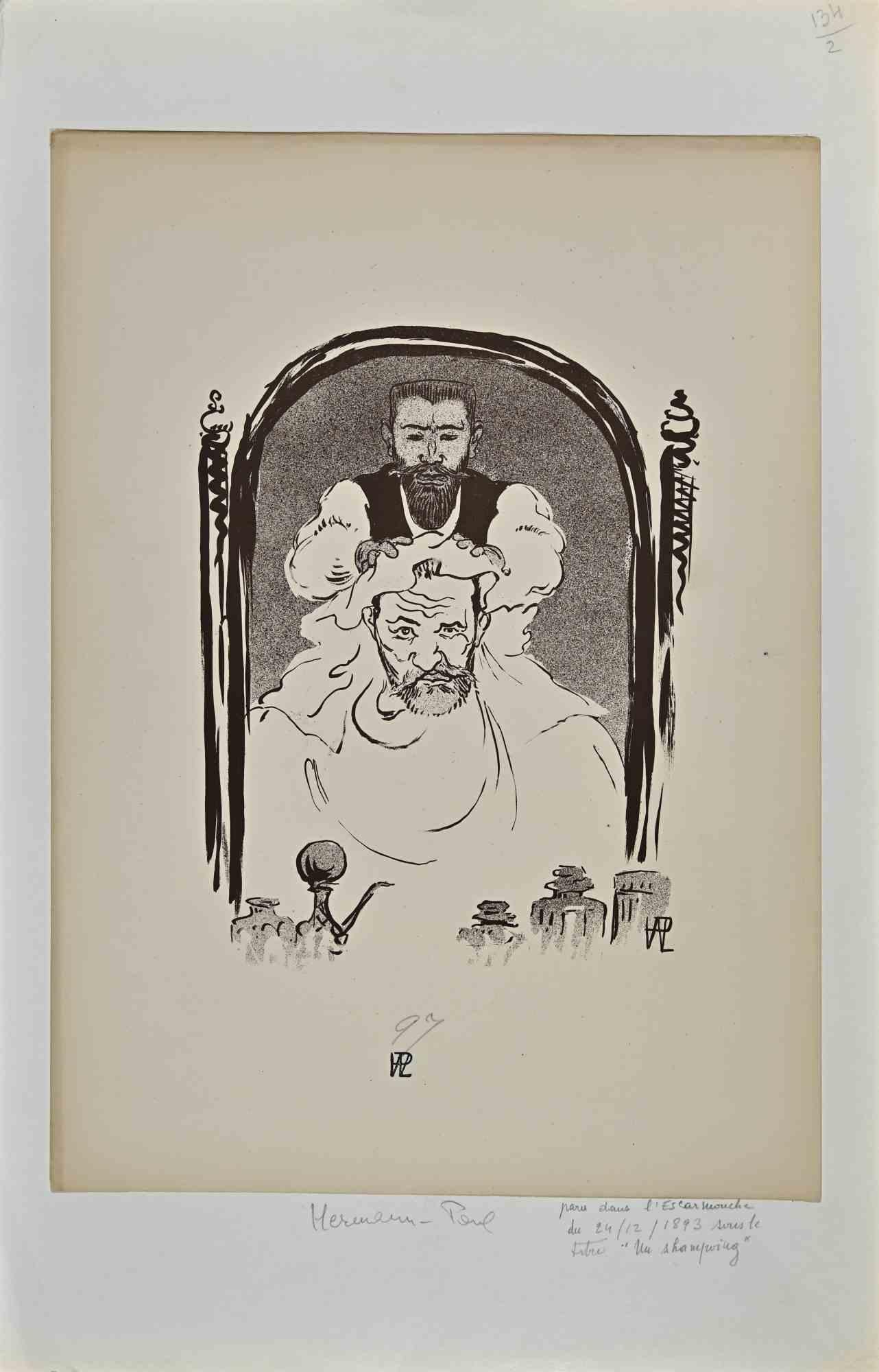Un-Shampooing (Self-Portrait)is a china ink drawing realized by Hermann Paul. 

This drawing was featured on the cover of l'Escarmouche in December 1893. Passpartout included cm 50.5x32.5

Hand signed on the lower right corner.

Good